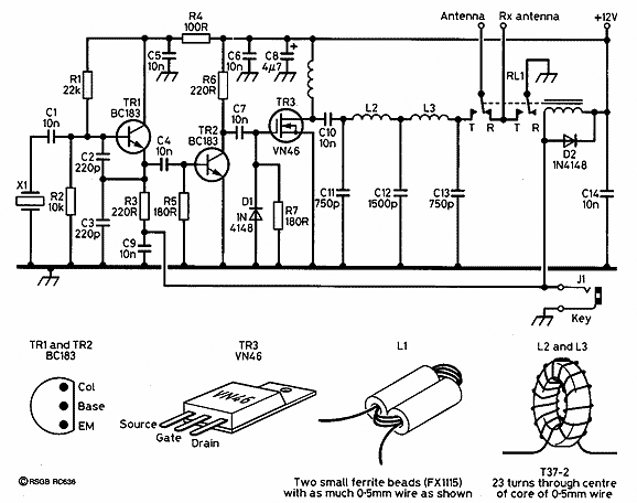 Рис. 1. Передатчик на 80 м диапазон с кварцевой стабилизацией. Схема принципиальная электрическая.